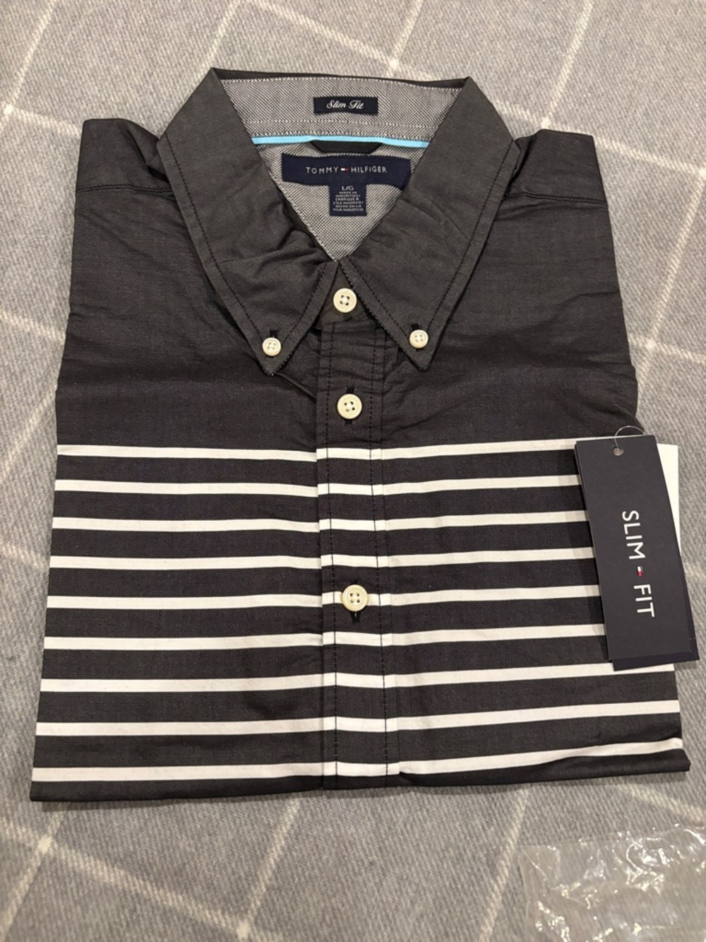Tommy Hilfiger Men’s Black Button-Down Shirt with White Stripes